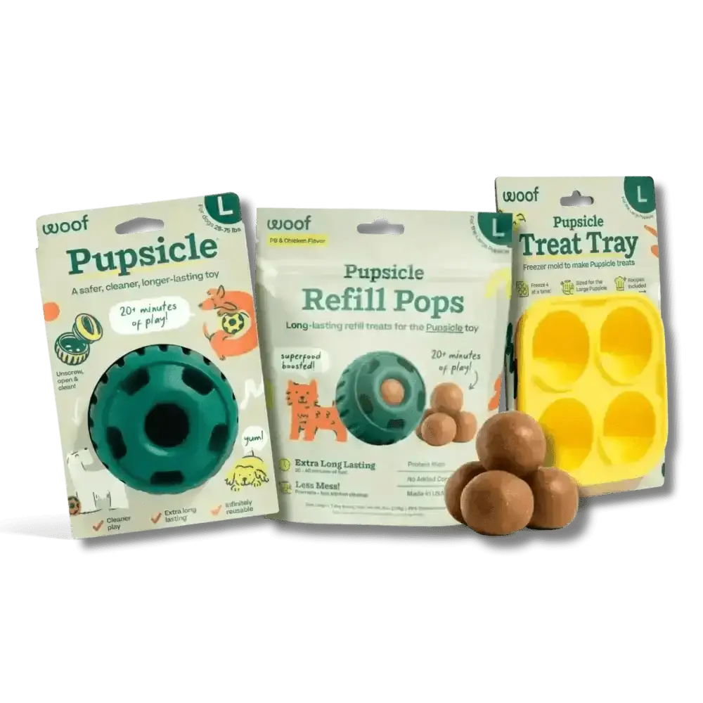 Woof Pupsicle treat tray for dog enrichment in yellow silicone starter pack with four compartments