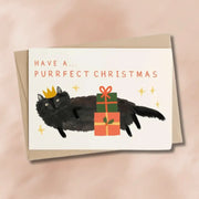 Purrfect Cat Christmas Card: Black Cat with Crown and Presents