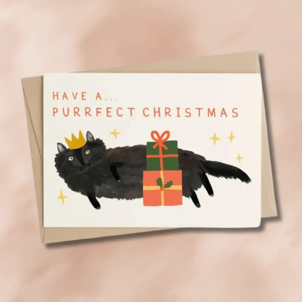 Purrfect Cat Christmas Card: Black Cat with Crown and Presents