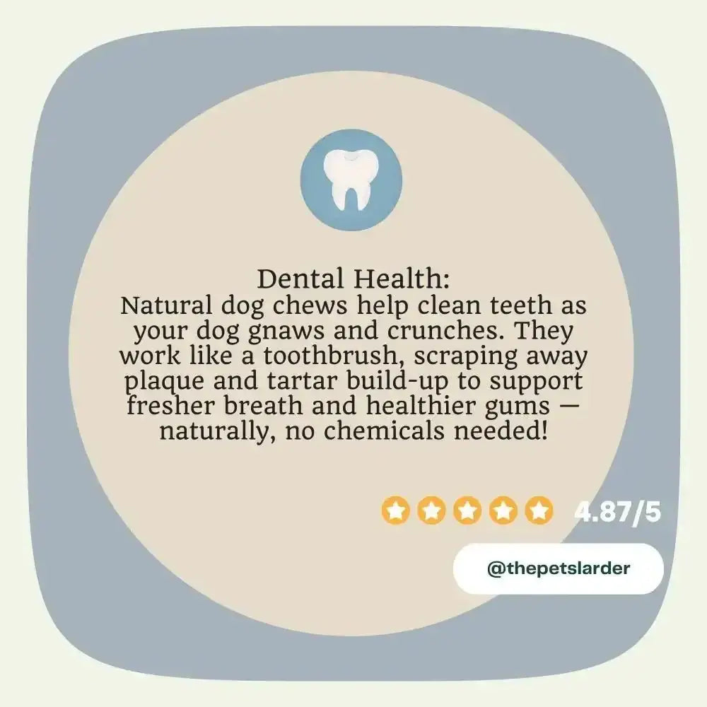 Natural dog chew with blue tooth icon and star rating for Rabbit Ear with Fur from Pets Larder