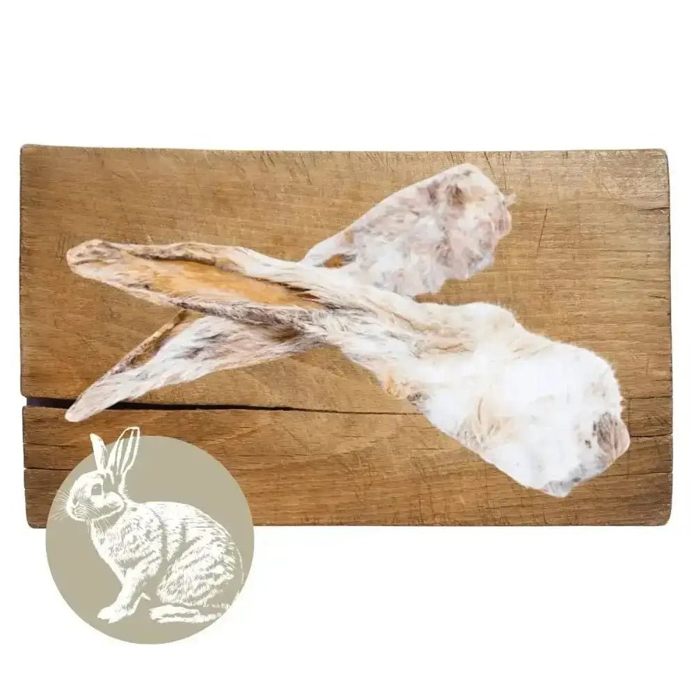 Wooden cutting board with rabbit ear and tail design for natural dog chew from Pets Larder