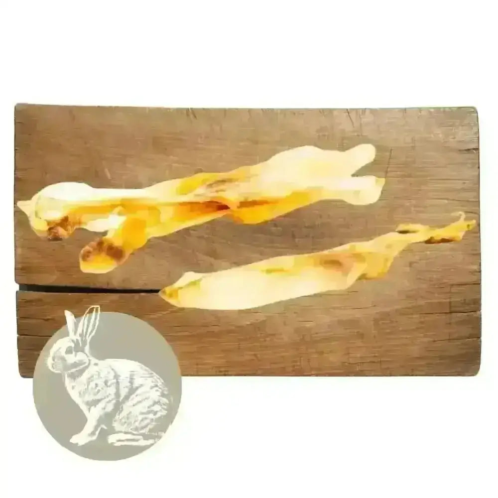 Rabbit ear natural meat chew for dogs on wooden board with cheese sticks