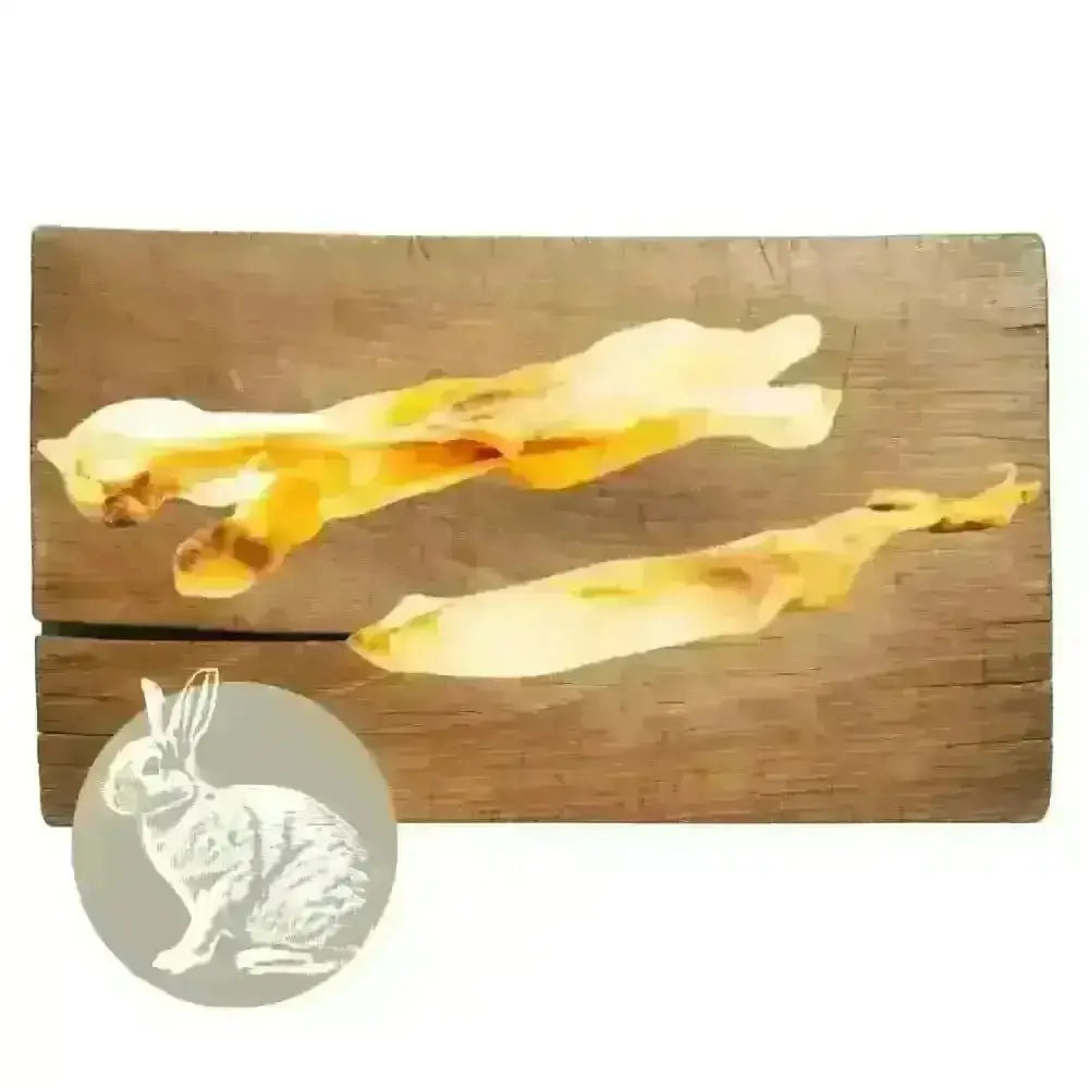 Rabbit ear natural meat chew for dogs on wooden board with cheese sticks