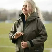 Olive green hooded changing robe jacket with black accents and durable fabric