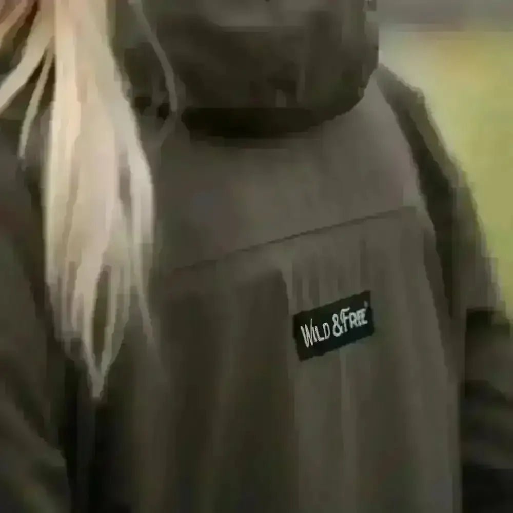 Olive green hooded changing robe jacket with wild and free patch