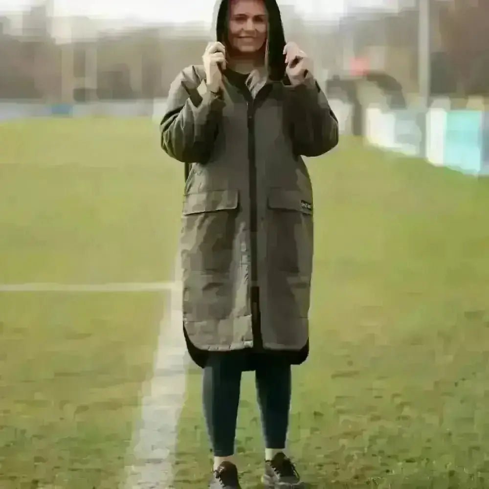 Olive green hooded changing robe parka with black accents and pockets