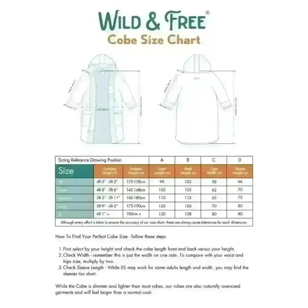 Wild & Free Cobe Size Chart for Changing Robes in Camel Black Edition