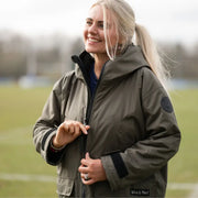 Olive green hooded changing robe jacket with black accents and durable fabric