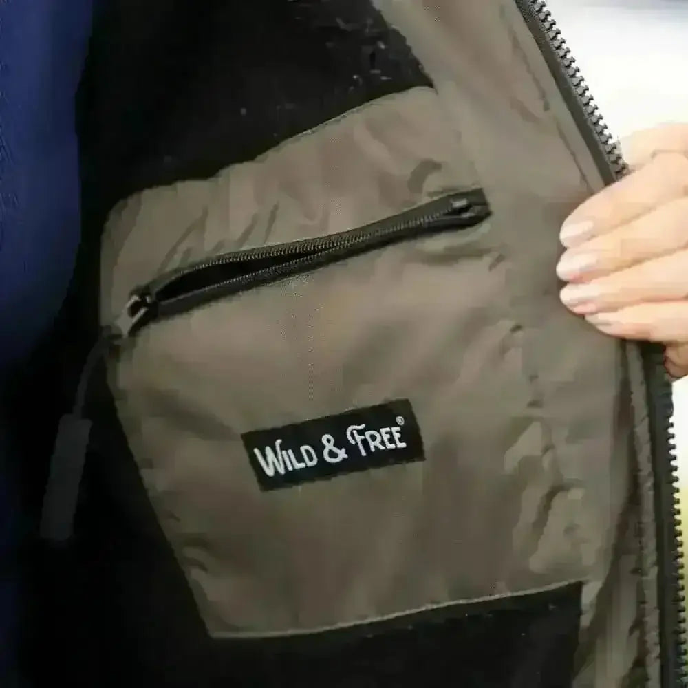 Olive green and black changing robe jacket with Wild & Free logo
