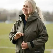Olive green hooded changing robe jacket with black accents and durable fabric