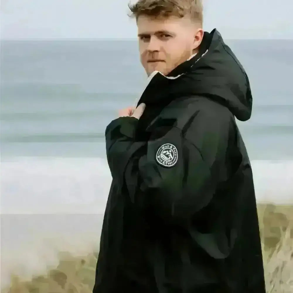 Black waterproof changing robe jacket with hood and logo patch