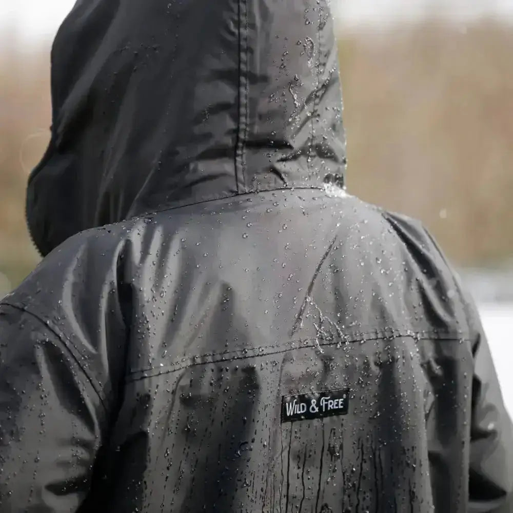 Black waterproof Classic Cobe changing robe with hood and wild & free patch