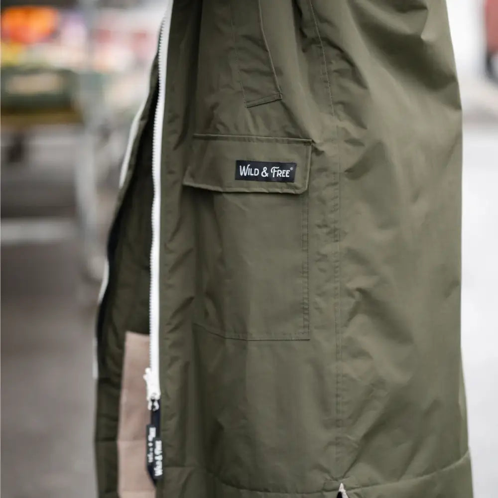 Olive green Classic Cobe changing robe with wild & free patch