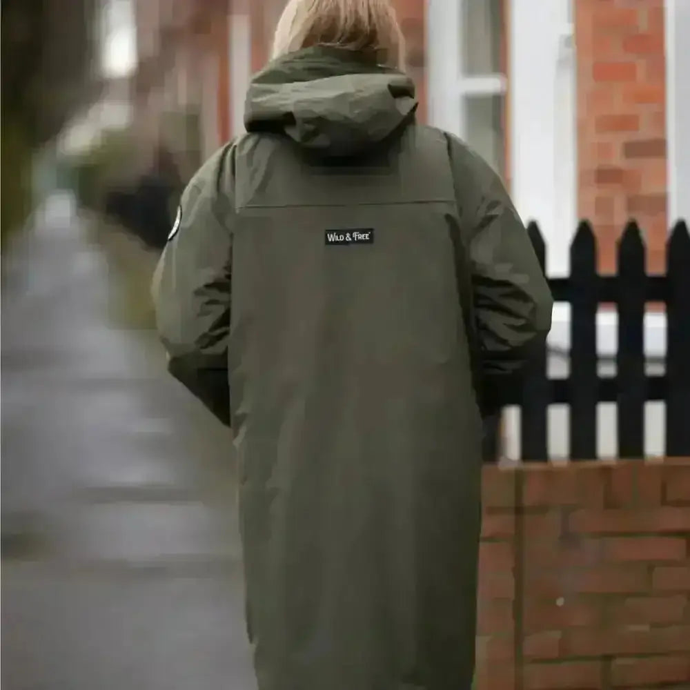 Olive green waterproof changing robe jacket with hood and logo