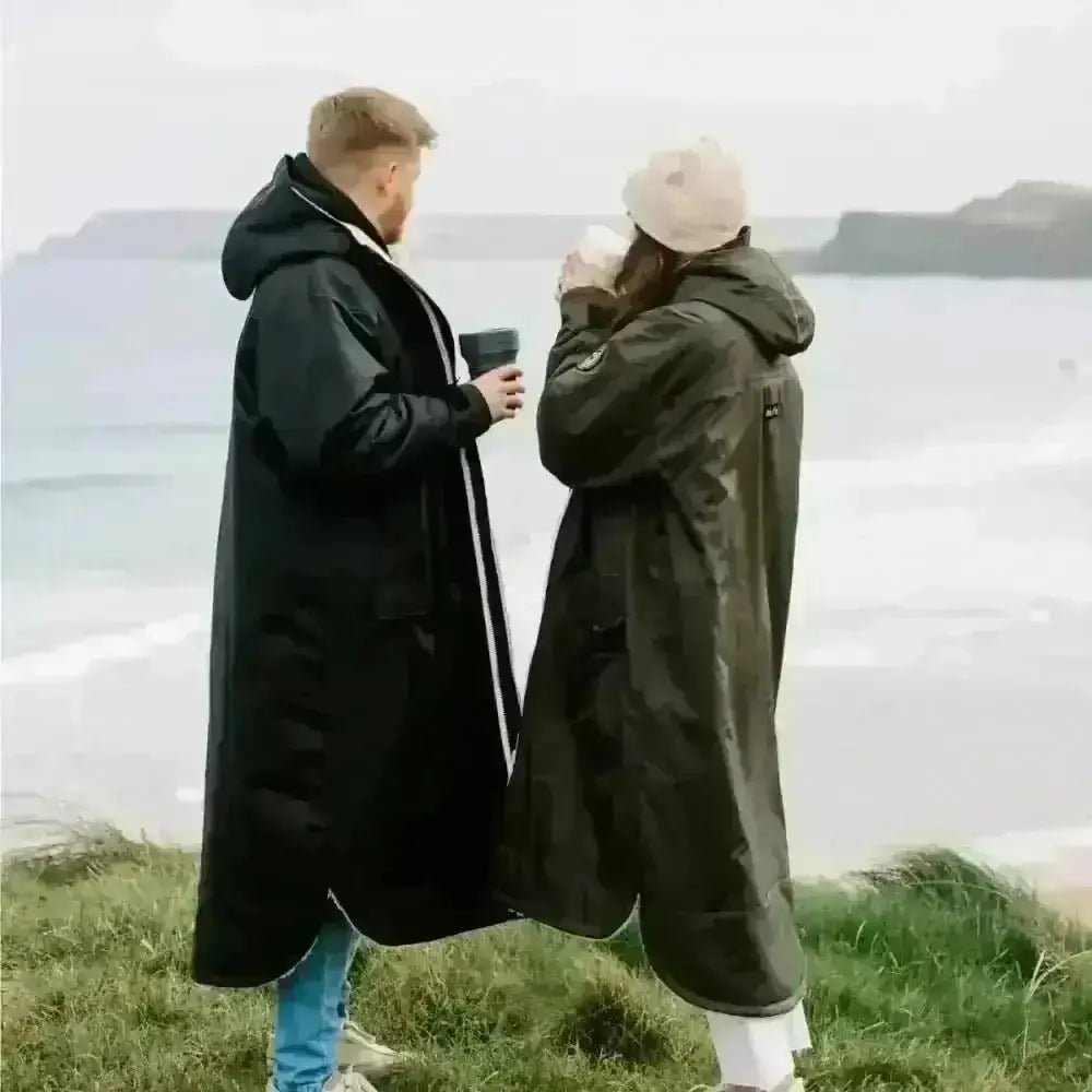 Olive green waterproof raincoat changing robe with long sleeves and pockets