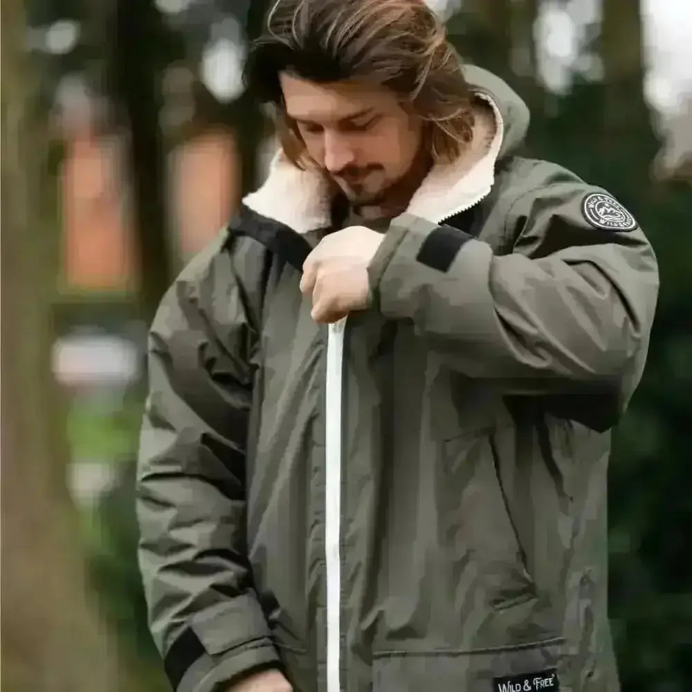 Olive green shearling-lined bomber changing robe jacket with hood