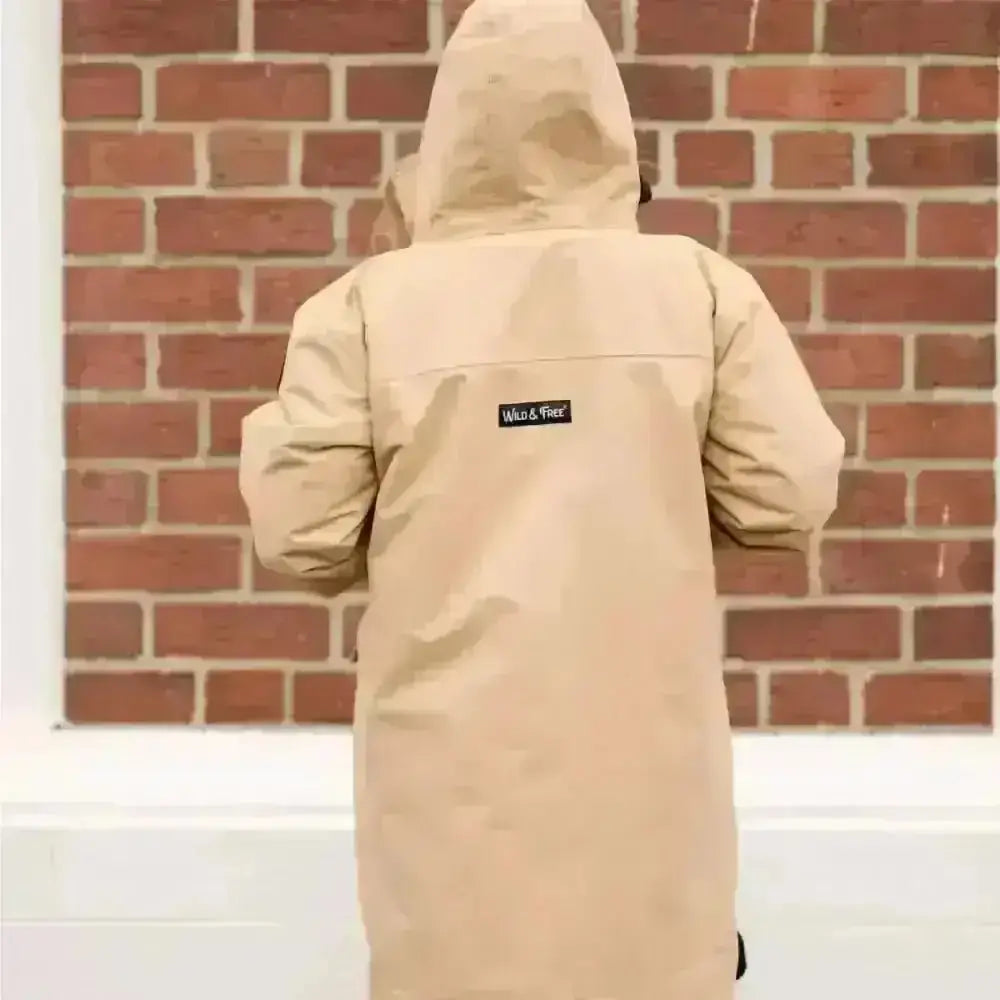 Beige waterproof Cobe changing robe jacket with hood and logo
