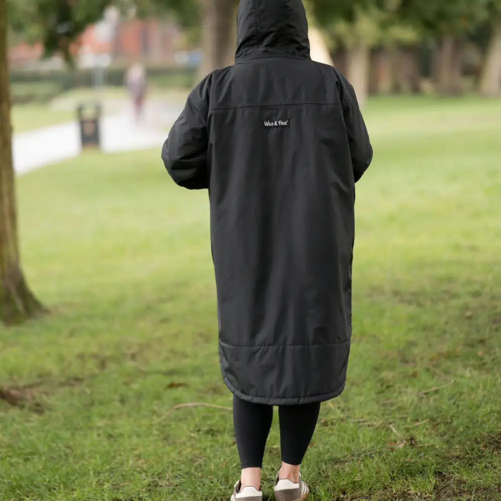 Black Cobe Edition changing robe: waterproof hooded raincoat with white logo