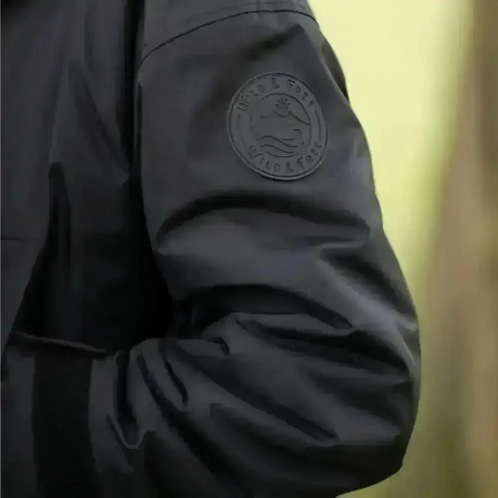 Black waterproof changing robe jacket with embossed logo on sleeve