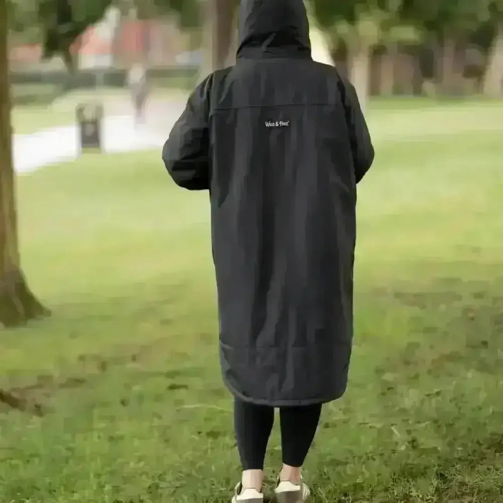 Black Cobe Edition changing robe: waterproof hooded raincoat with white logo