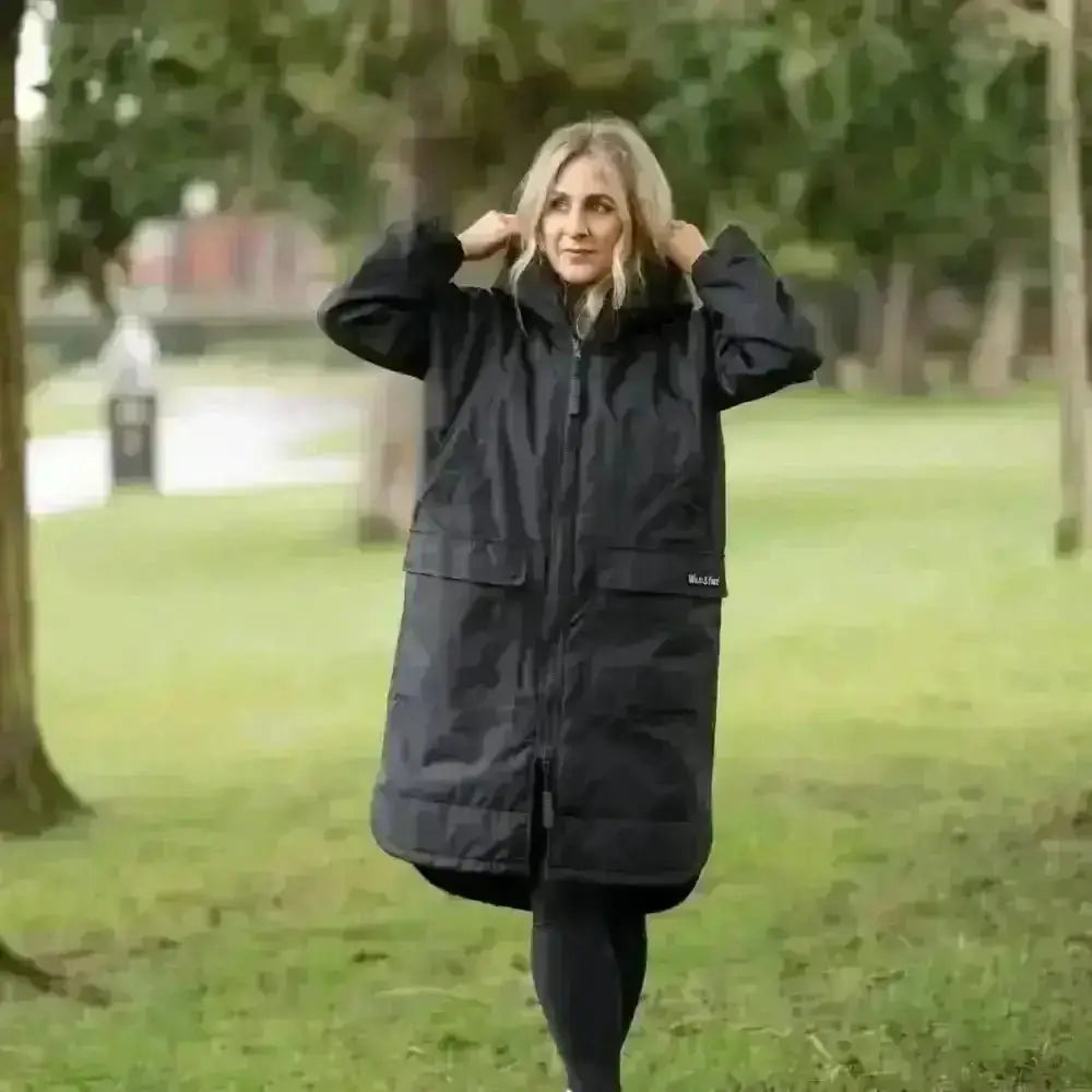 Black waterproof Cobe changing robe parka with hood and pockets