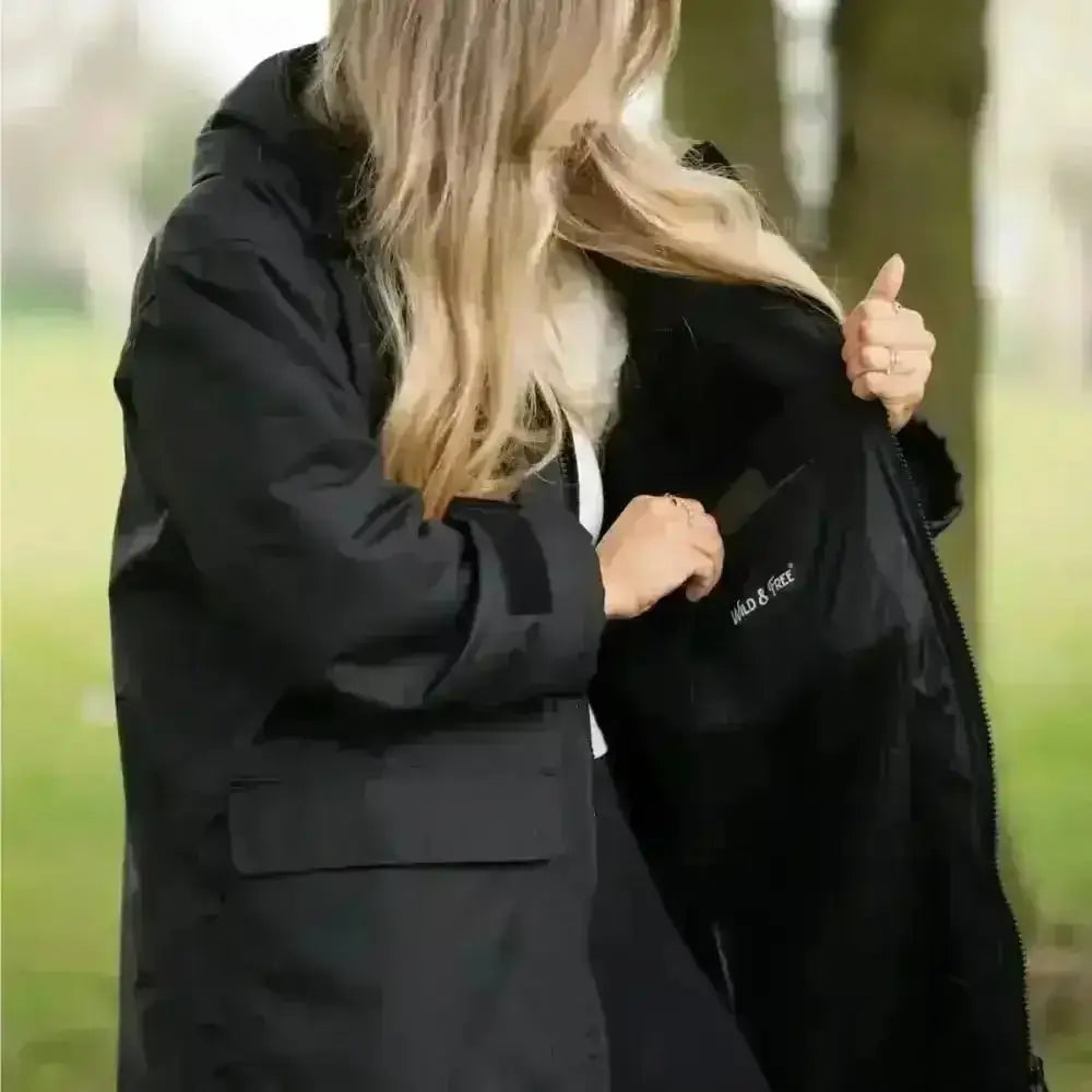 Black Cobe changing robe with puffer jacket hood and zipper
