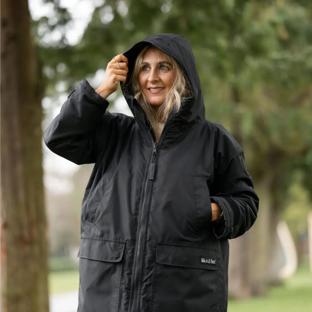Black waterproof hooded changing robe jacket with zipper and logo