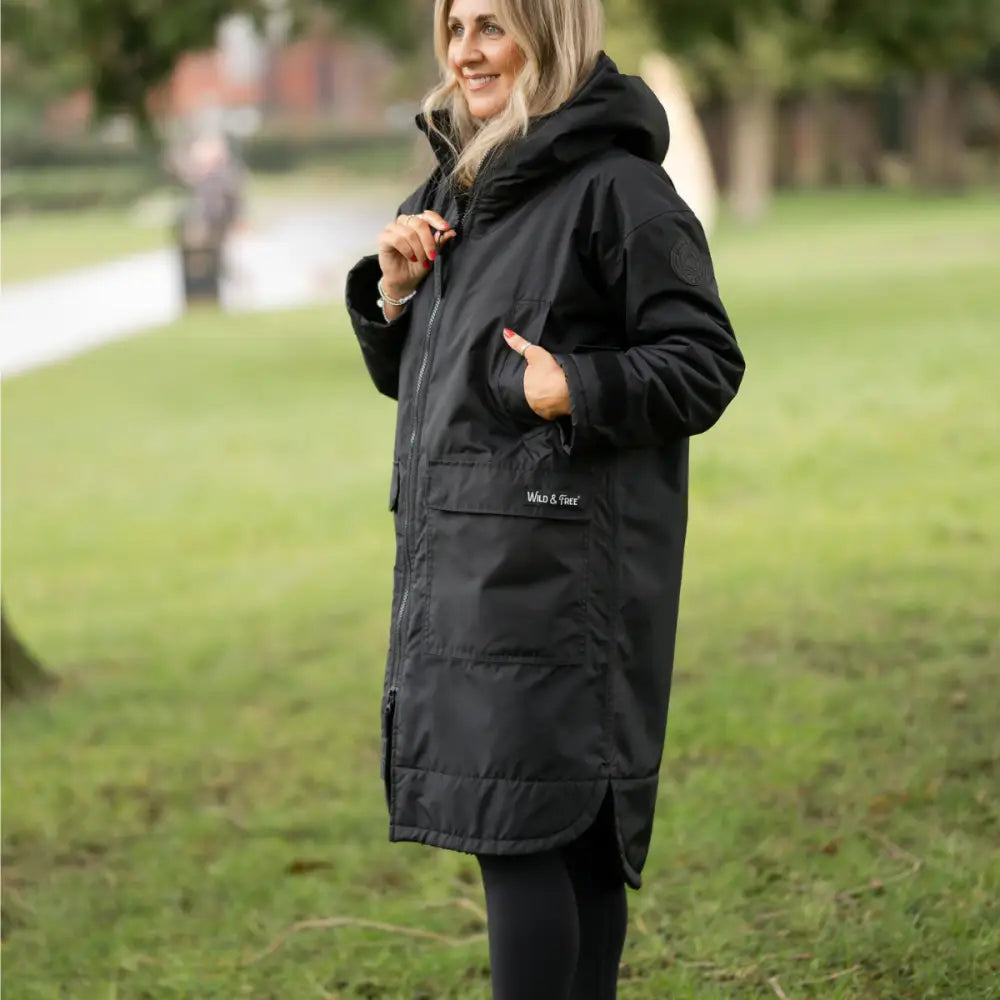 Black waterproof Cobe changing robe parka with hood for outdoor activities