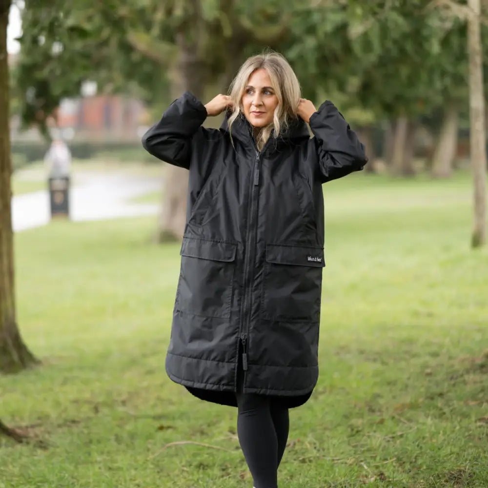 Black waterproof Cobe changing robe parka with hood and pockets