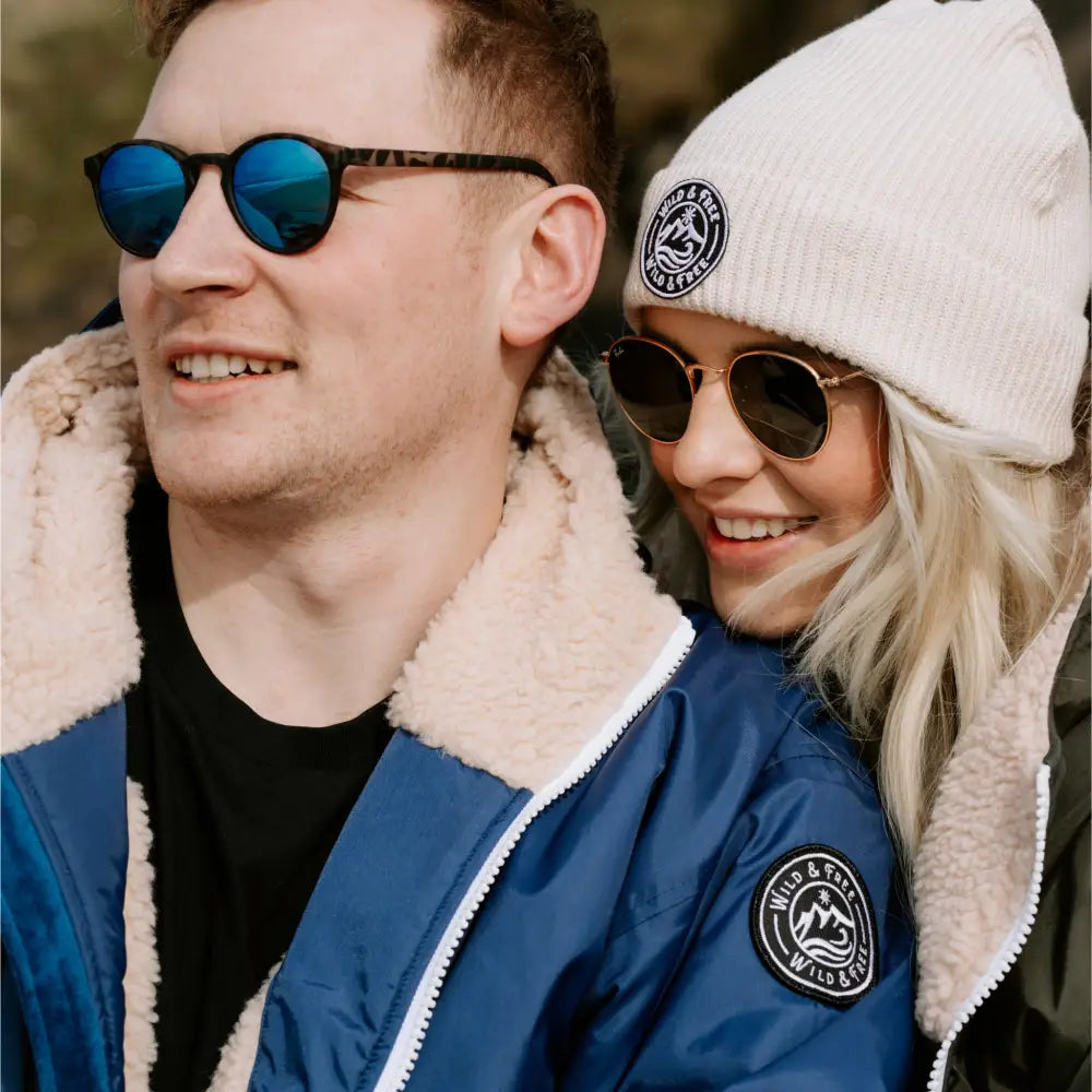 Navy changing robe with blue bomber jacket and shearling collar