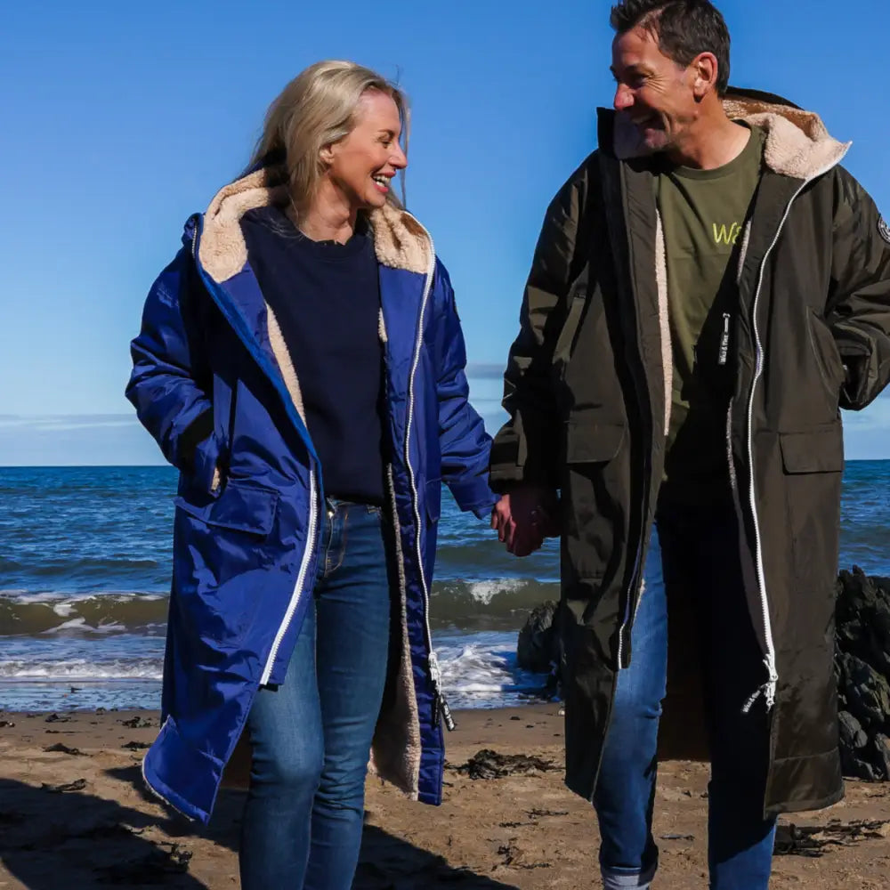 Navy Cobe changing robe: blue white reversible parka with fur trim