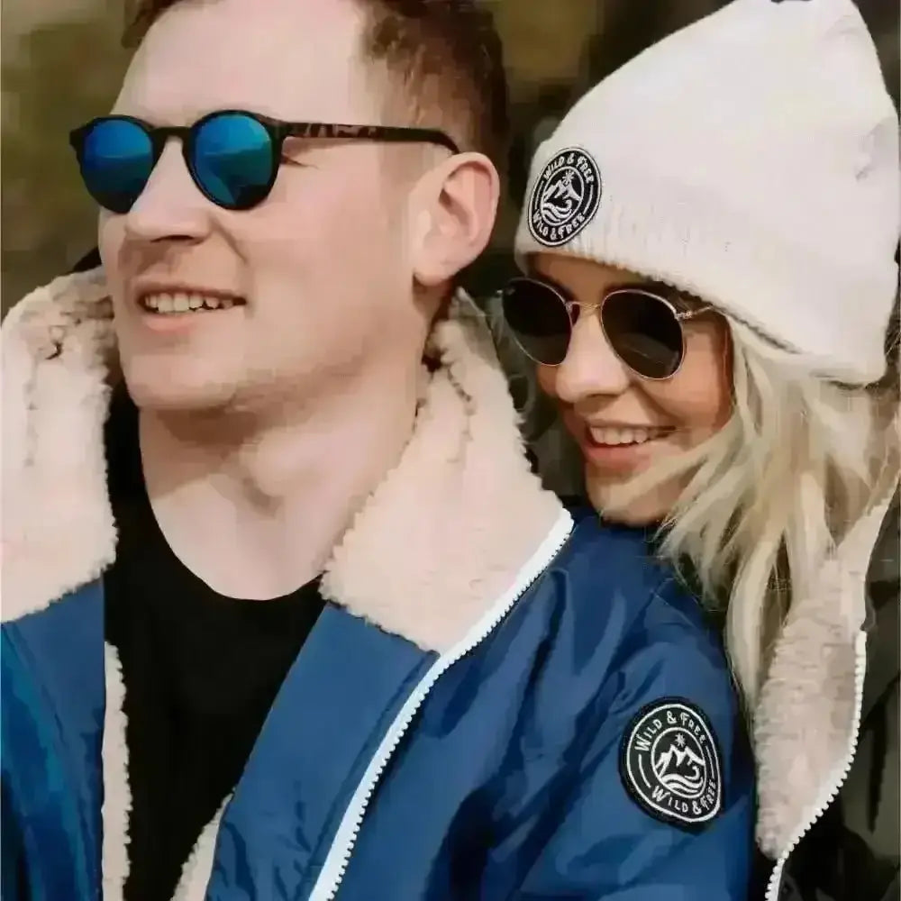 Navy changing robe with blue bomber jacket and shearling collar