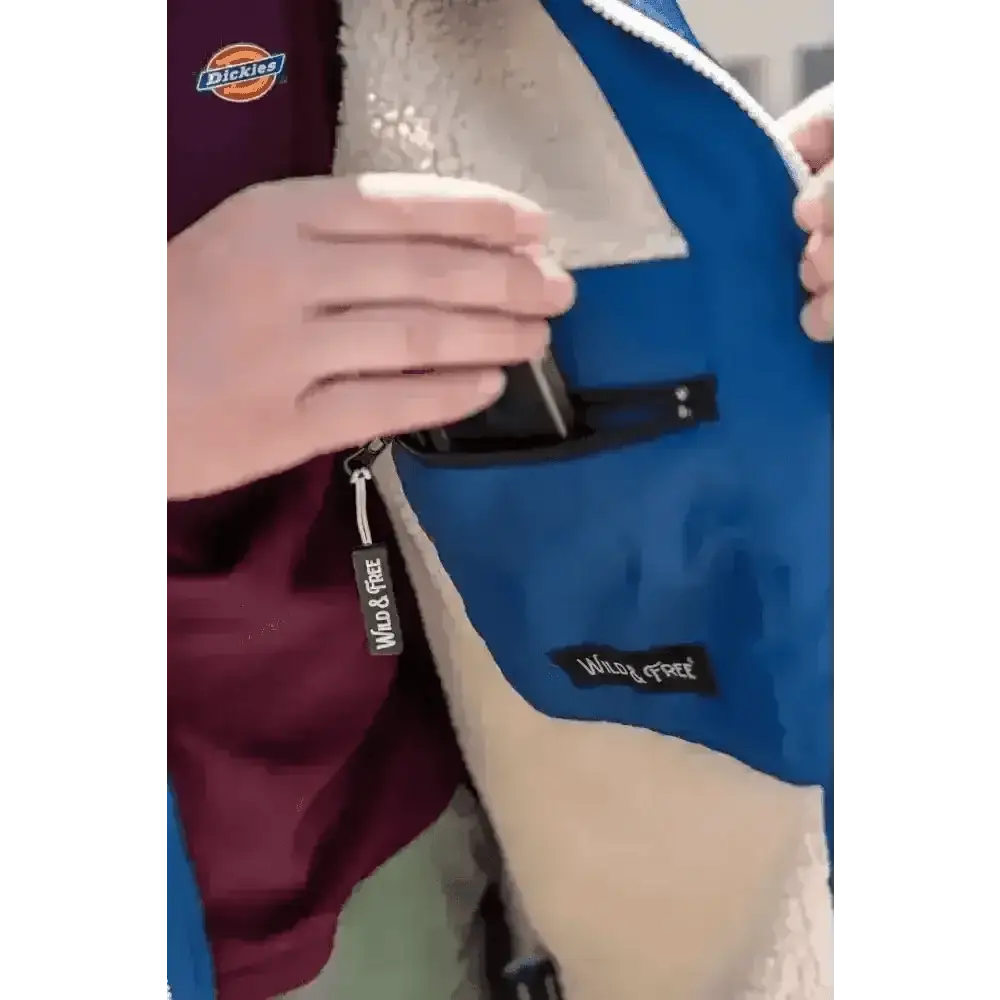 Navy Cobe changing robe: blue waterproof jacket with fleece lining and Dickies logo