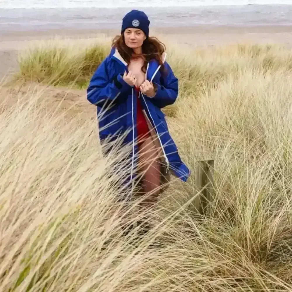 Royal blue waterproof changing robe jacket with hood for outdoor activities