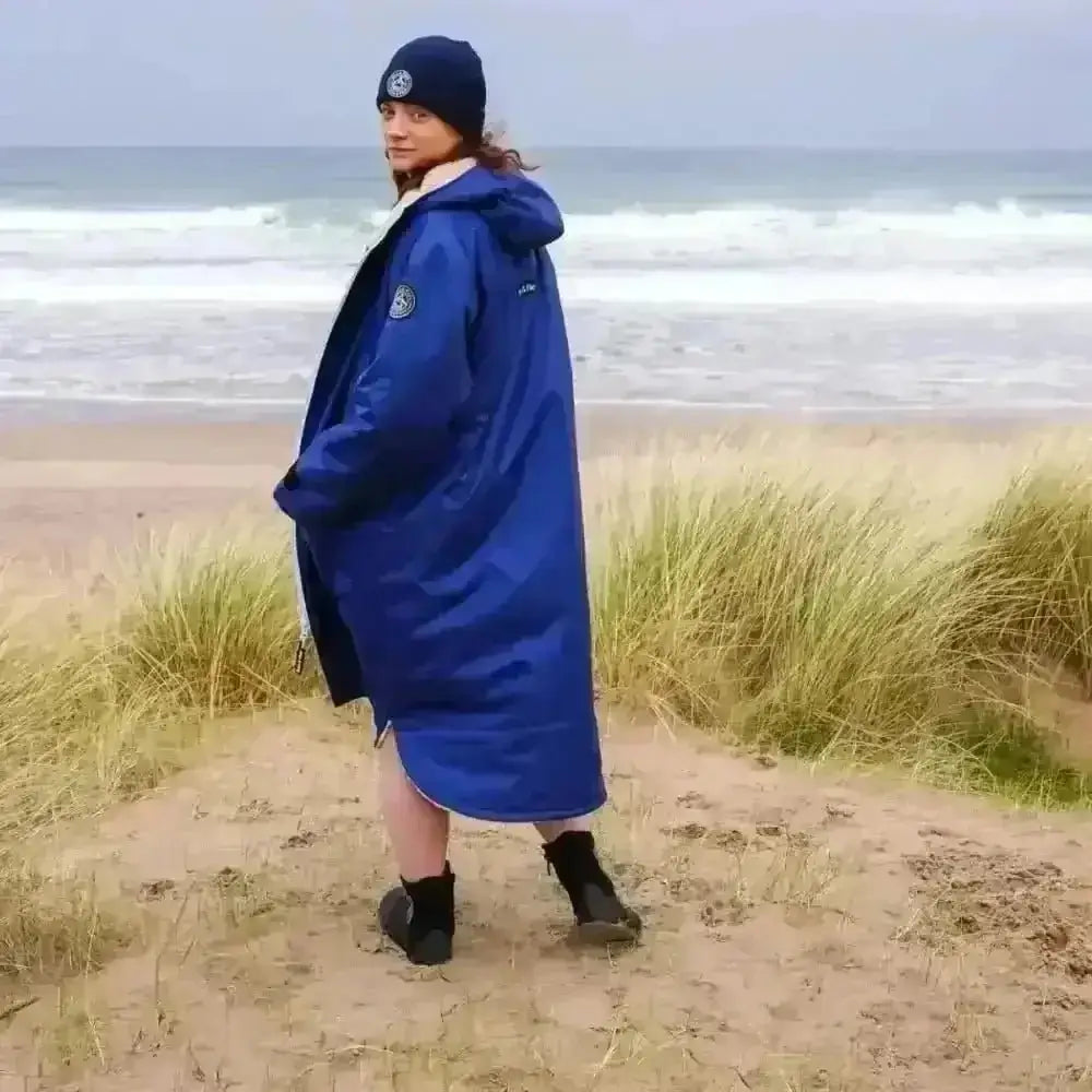 Royal blue waterproof changing robe poncho with hood and pockets
