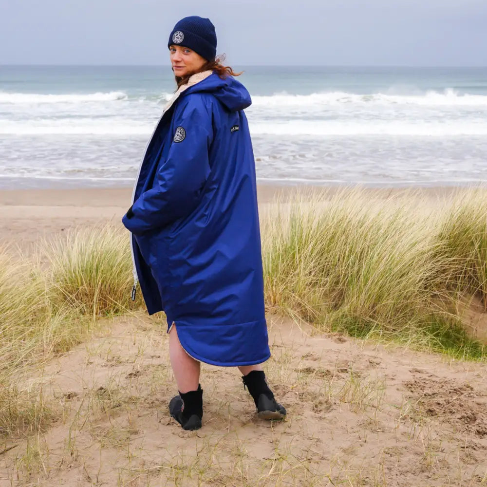 Royal blue waterproof changing robe poncho with hood and pockets