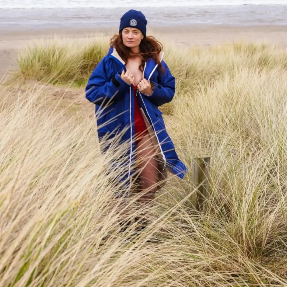 Royal blue waterproof changing robe jacket with hood for outdoor activities