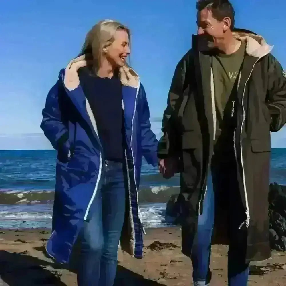 Navy Cobe changing robe: blue white reversible parka with fur trim
