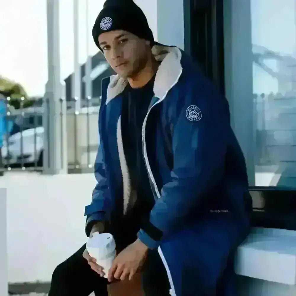 Navy changing robe with blue shearling-lined bomber jacket and white trim