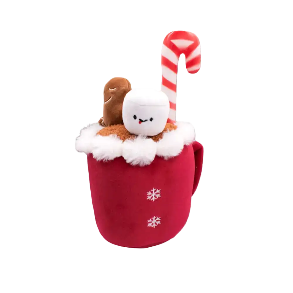 Red plush hot cocoa mug with marshmallow and candy cane design, likely from a popular holiday-themed toy line.