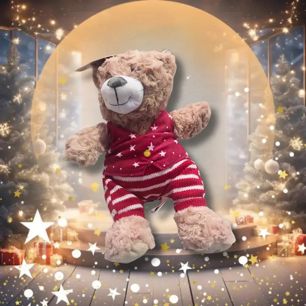Teddy bear in a festive setting with Christmas trees and lights