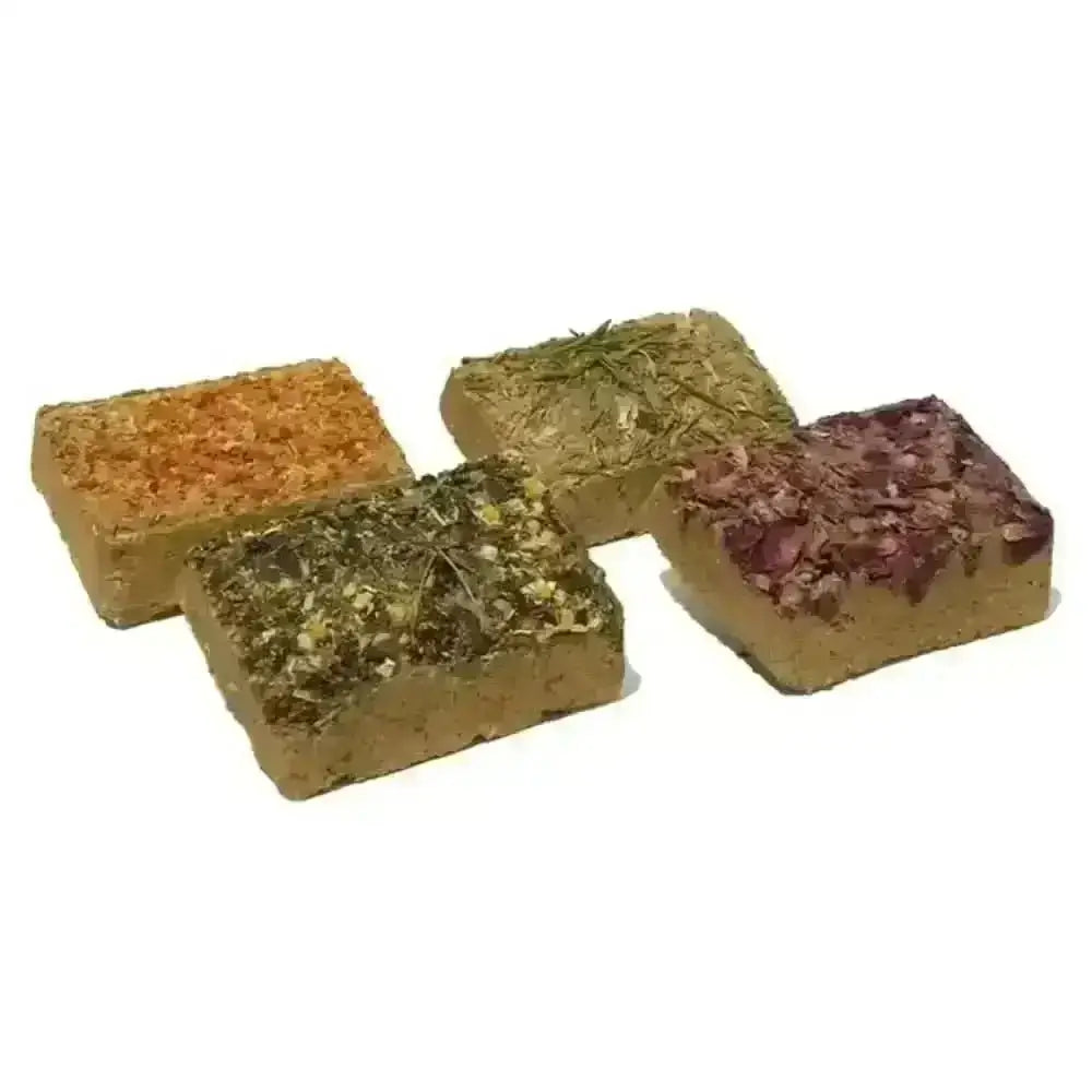 Rosewood Wellness Gnaw Stone: four earth-toned hay blocks with herb and flower toppings for natural cat food