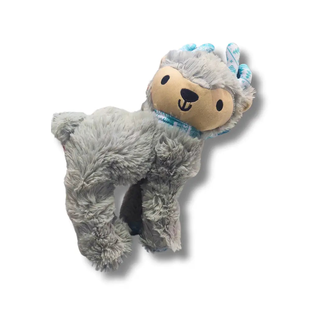 Plush toy Reindeer with gray fur and blue accents on a white background