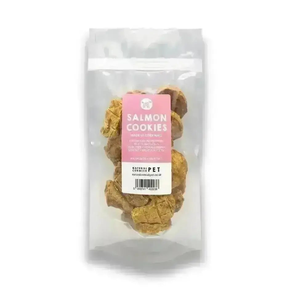 RSPCA Cornwall salmon cookies in pink-labeled packaging for dog donations