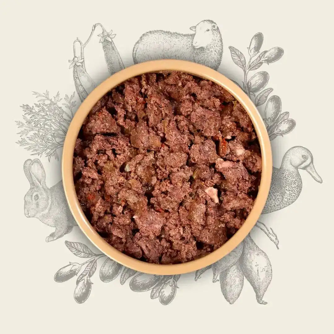 A rustic beige ceramic bowl filled with chunky, dark brown wet pet food.