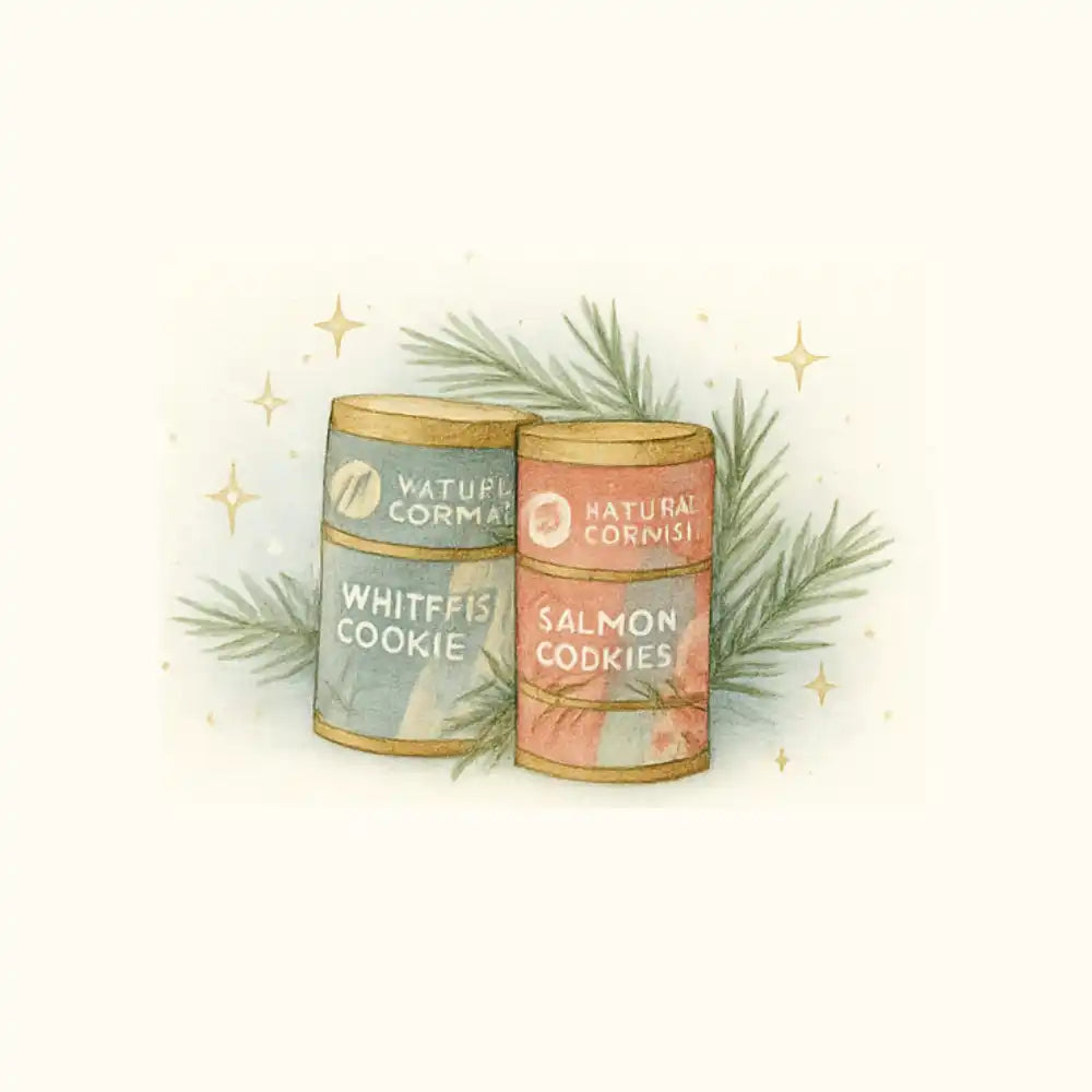Salmon cookies tin canister with natural cornish label and pine branch design.