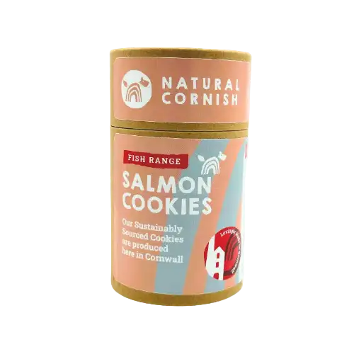 Salmon cookies tin, pink and blue label with rainbow design, natural cornish brand.