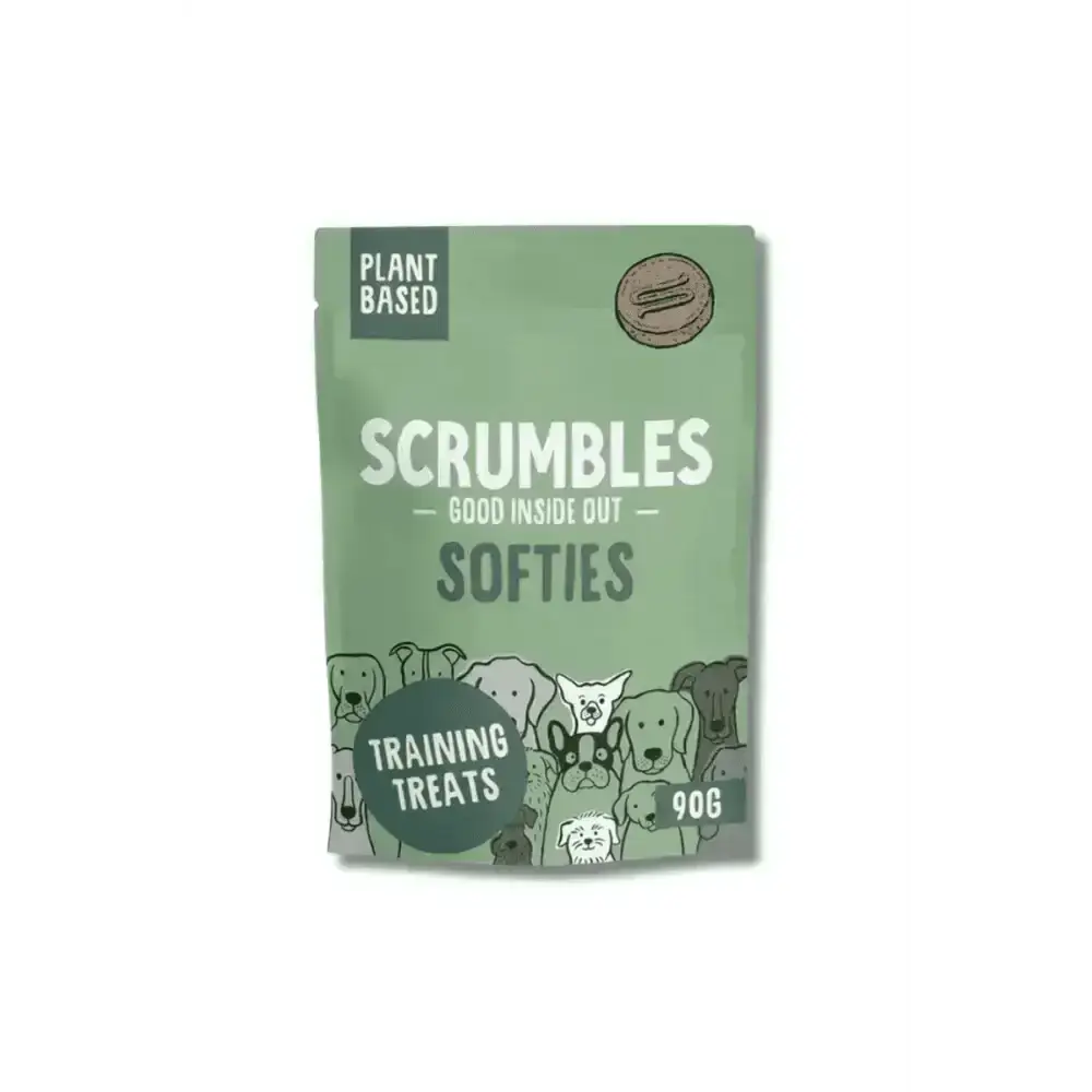 Scrumbles vegan dog treats: plant-based Softies in green pouch with cartoon dogs