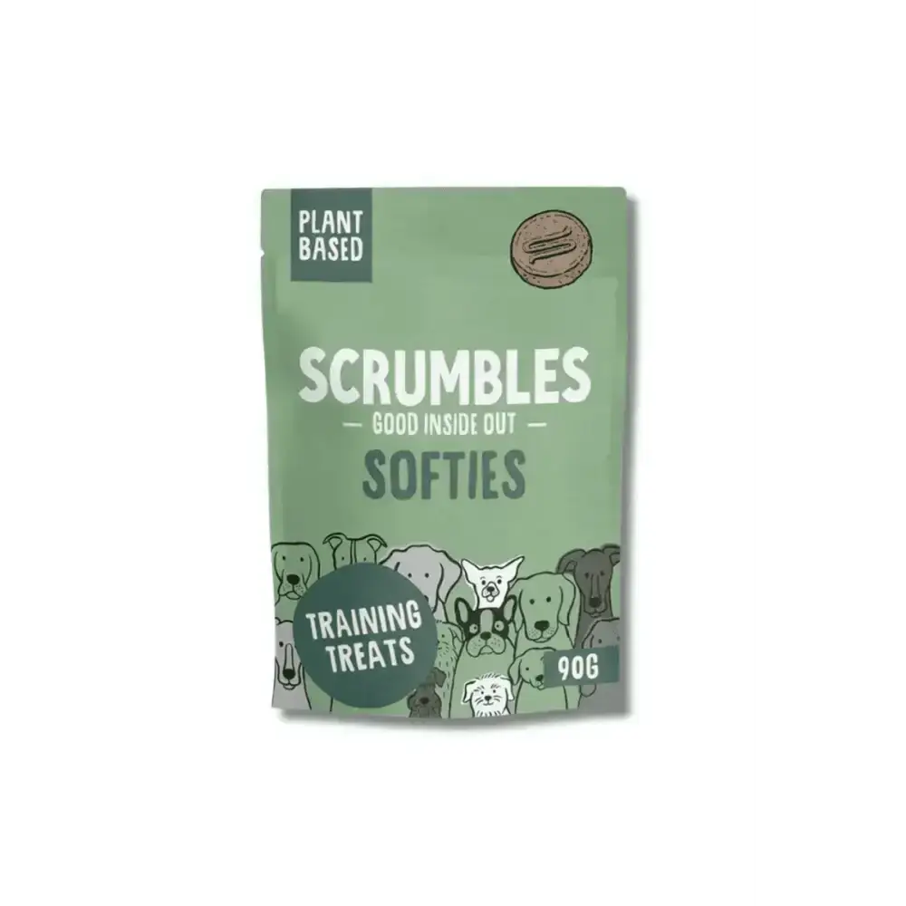 Scrumbles vegan dog treats: plant-based Softies in green pouch with cartoon dogs