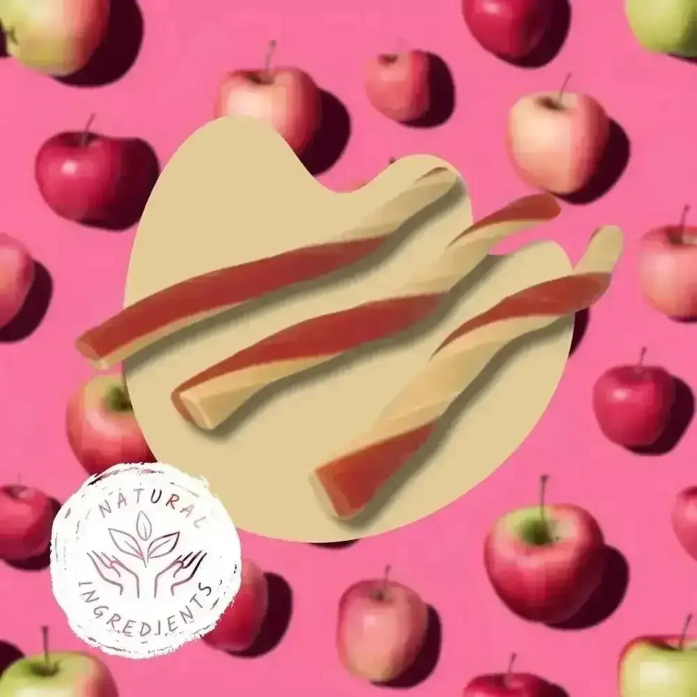 Apple-flavored chewy candy sticks with red and white stripes in vegetable chew variety box